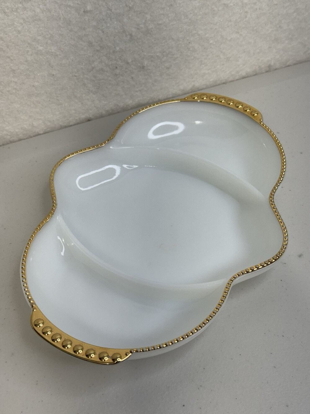 Anchor Hocking FireKing Oven Ware Milk White Glass Divided Serving Dish Gold VTG